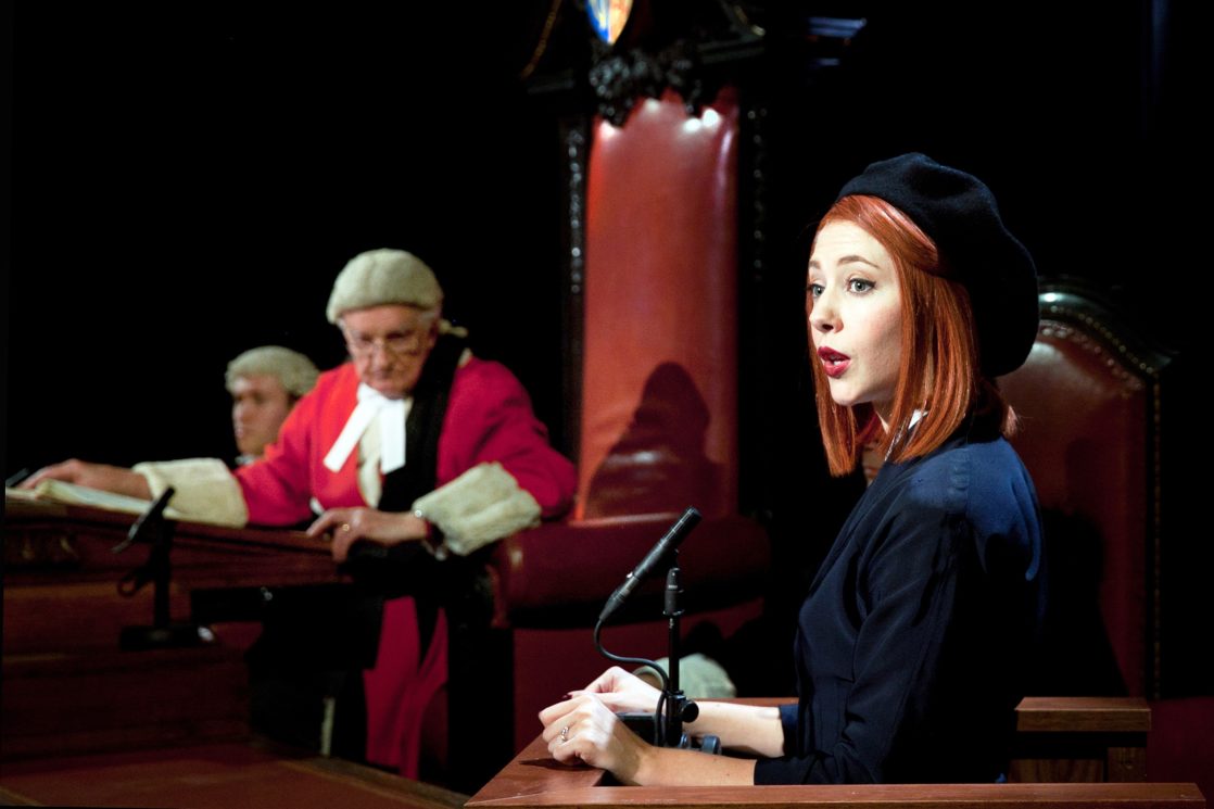 Patrick Godfrey and Catherine Steadman David Yelland and the cast in Witness for the Prosecution (Credit : Sheila Burnett)