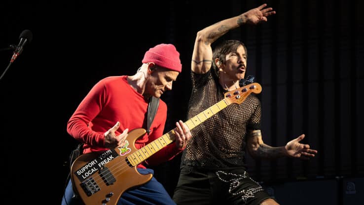 Flea and Anthony Kiedis of Red Hot Chili Peppers perform at Tottenham Hotspur Stadium on July 21, 2023 in London,