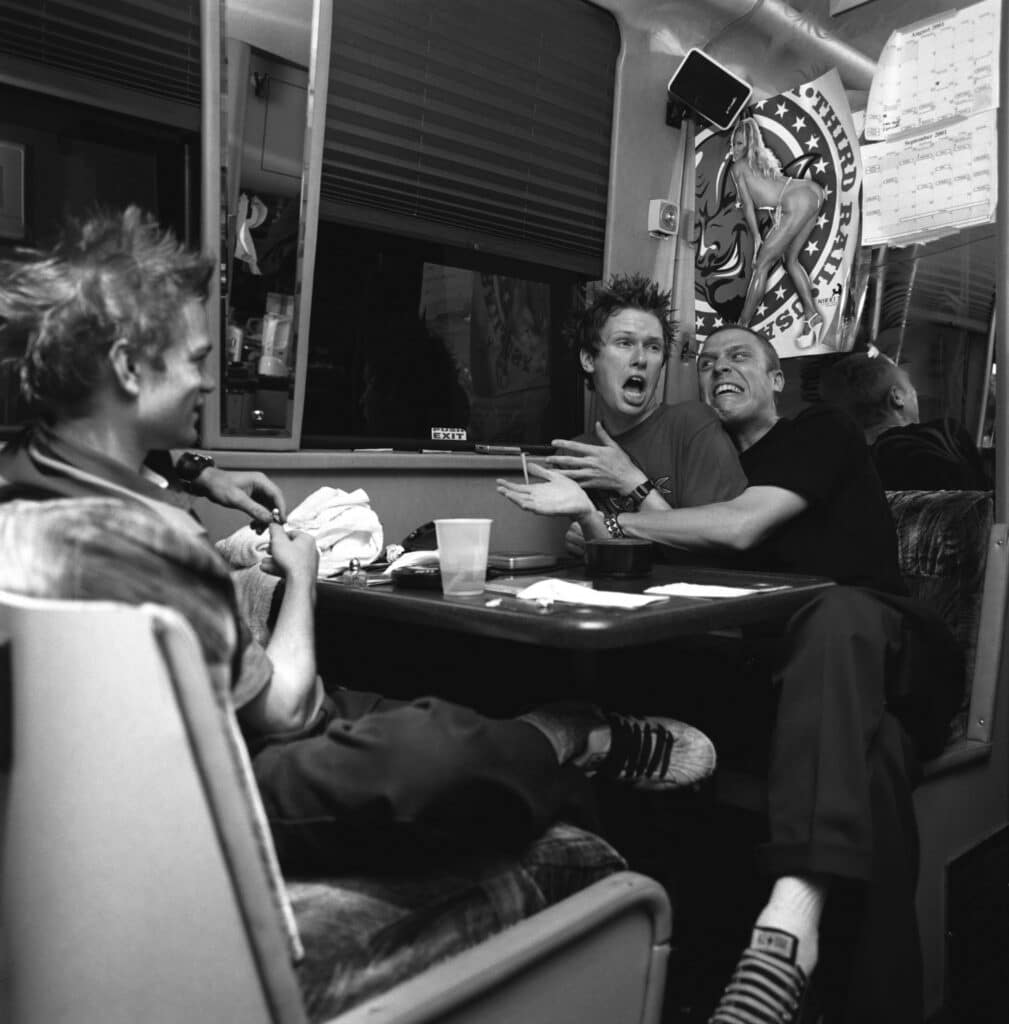 Deryck Whibley, Jay McCaslin and Steve Jocz on the Sum 41 tour bus