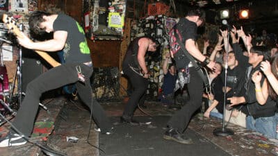 Corey Beaulieu, Matt Heafy and Paolo Gregoletto of Trivium on 9 March 2005 in New York City