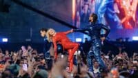 Kylie Minogue in red bodysuit, performing with dancers at BST Hyde Park 2024
