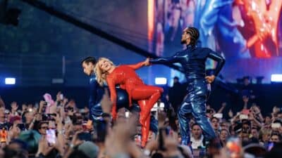 Kylie Minogue in red bodysuit, performing with dancers at BST Hyde Park 2024