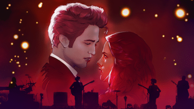 An illustration of the film Twilight, against a backdrop of musicians playing the soundtrack