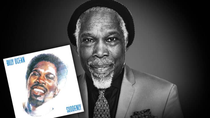 A black and white photo of Billy Ocean alongside the cover of his 1984 album, Suddenly