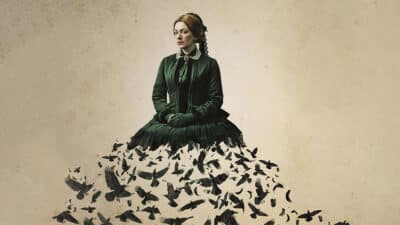 Miriam Grace Edwards in costume as Mary Lincoln in Mrs President, with her skirts dissolving into a murder of crows