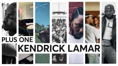 A montage of Kendrick Lamar album cover art