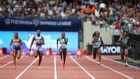 Marie-Josee Ta Lou of Team Côte d'Ivoire, Shericka Jackson of Team Jamaica, Dina Asher-Smith of Team Great Britain, Twanisha Terry of Team United States and Aleia Hobbs of United States compete in the Women's 100 Metres final during the London Athletics Meet