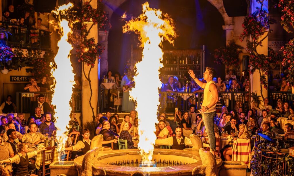 A fire show at Mamma Mia! The Party