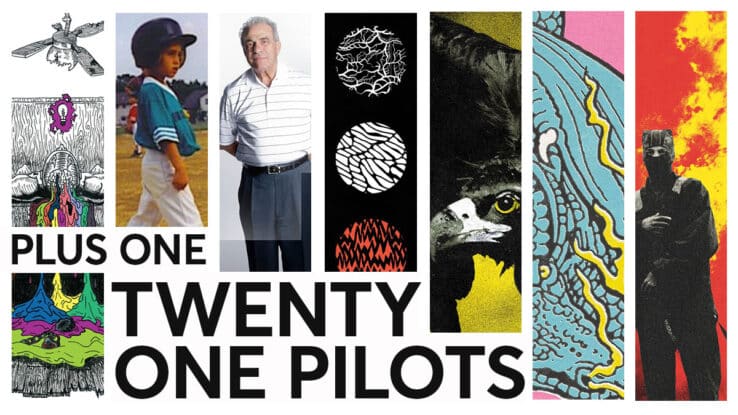 A montage of Twenty One Pilots album art