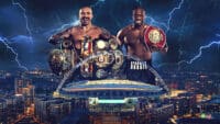 Oleksandr Usyk and Daniel Dubois tower over Wembley Stadium against a stormy sky