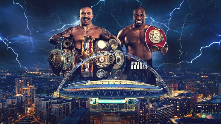 Oleksandr Usyk and Daniel Dubois tower over Wembley Stadium against a stormy sky
