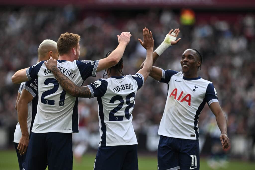 Players for Tottenham Hotspurs FC celebrating with high fives after scoring a goal