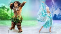 Maui and Elsa strike a heroic pose, on ice, for Disney On Ice: Find Your Hero