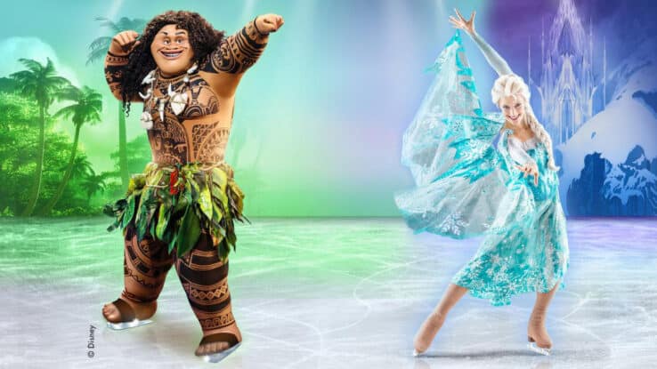 Maui and Elsa strike a heroic pose, on ice, for Disney On Ice: Find Your Hero