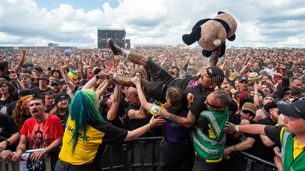 Crowd surfing during Download Festival 2025