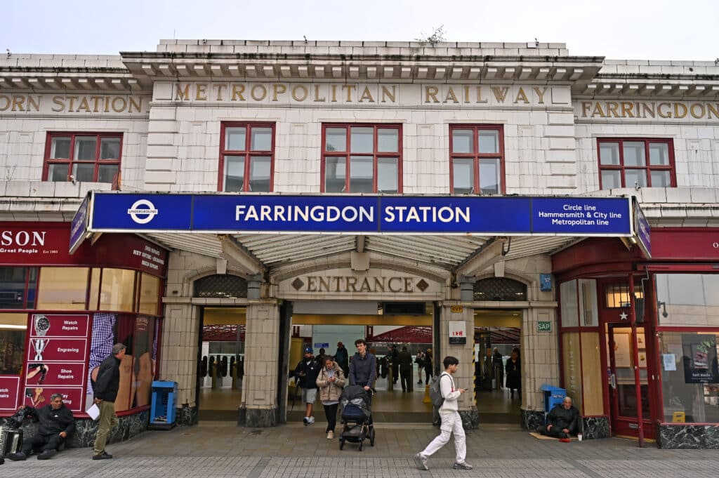 The exterior of Farringdon London Underground Elizabeth Line Tube and Thameslink train Station in London