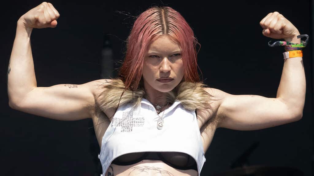 Rhian Teasdale of Wet Leg gestures as she performs during day three of Glastonbury festival 2025