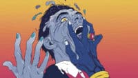 A crop of the cover to Get To Heaven by Everything Everything – an illustrated image of a melting man being attacked by a severed melting hand