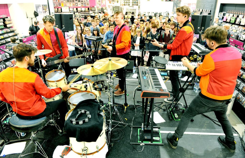 Alex Robertshaw, Jeremy Pritchard, Jonathan Higgs and Michael Spearman of Everything Everything perform new album Get To Heaven in HMV Manchester, June 2015