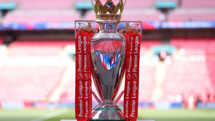 LONDON, ENGLAND - AUGUST 10: The Premier League trophy is seen during the 2025 FA Community Shield match between Crystal Palace and Liverpool at Wembley Stadium on August 10, 2025 in London, England. (Photo by James Gill - Danehouse/Getty Images)