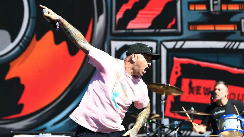 Jordan Pundik of New Found Glory performs during the 2023 When We Were Young festival at the Las Vegas Festival Grounds