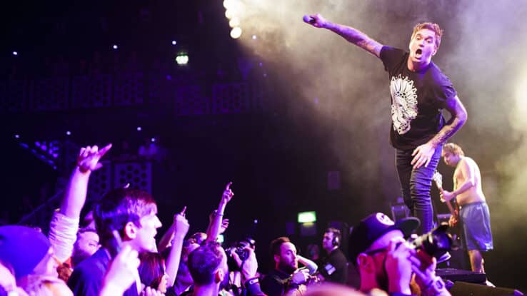 Jordan Pundik of New Found Glory performs on stage on the Pop Punk's Not Dead Tour at O2 Academy on November 25, 2014 in Bristol