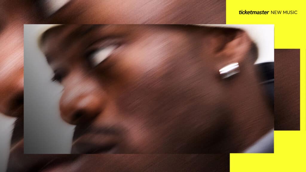 A blurry, close-up image of V.I.C inside a Ticketmaster New Music branded template
