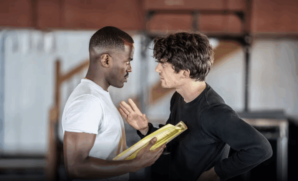 The lead actors of the West End play Born With Teeth during a performance at Wyndham's Theatre