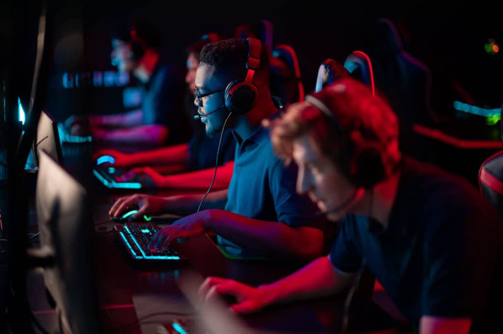 Professional esports players at an online game tournament
