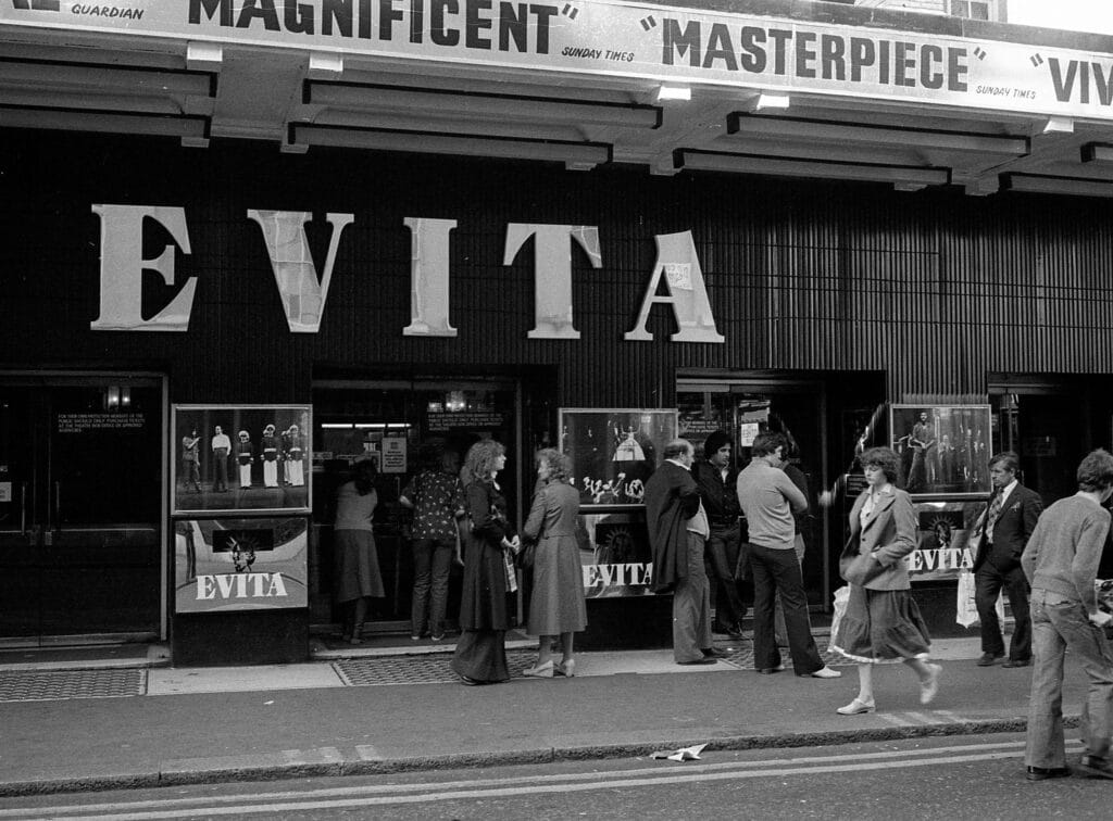 The Prince Edward Theatre advertising the musical 'Evita,' in 1978