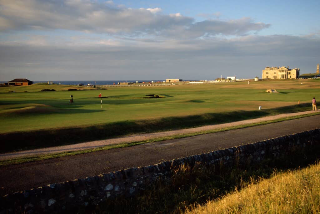 General view of the 17th hole - Road hole green of The Old Course at St Andrew's, Scotland