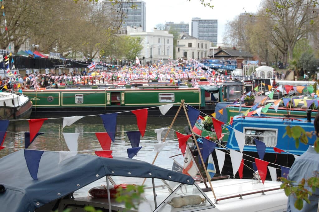 Boats and bunting on the River Thames in London