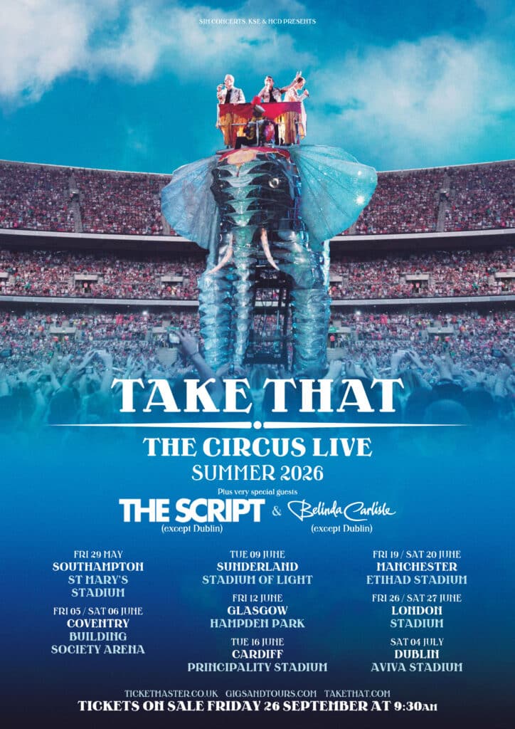 Take That ride a giant metal elephant through a stadium in the poster for their Circus Live Tour