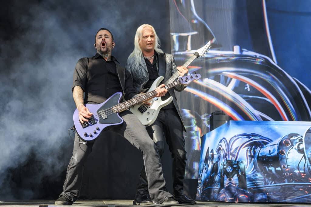 Johan Andreassen and Olof Morck from the band Amaranthe performing live on stage 