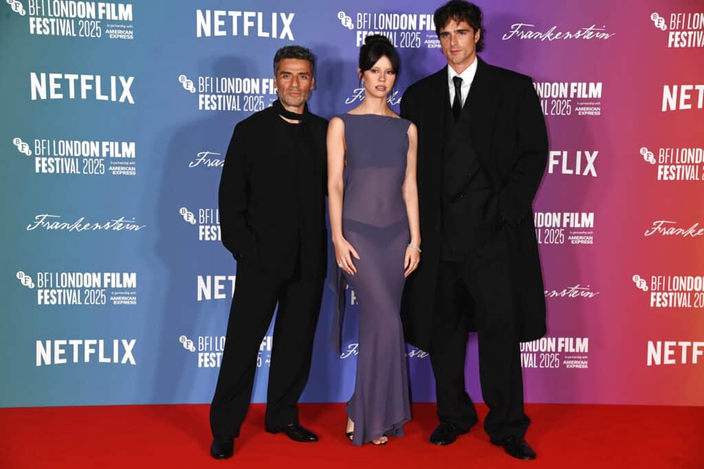 Oscar Isaac, Mia Goth and Jacob Elordi attend the Headline Gala screening of "Frankenstein" during the 69th BFI London Film Festival at The Royal Festival Hall on October 13, 2025 in London, England
