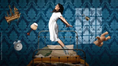 Wendy flies above her bed in the poster for Wendy & Peter Pan