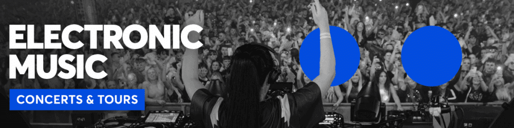 Ticketmaster's Electronic Music Guide banner, showing a DJ performing to a crowd, along with the text "concerts and tours"