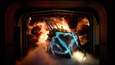 A warship crashing through the stage at Stranger Things: First Shadow