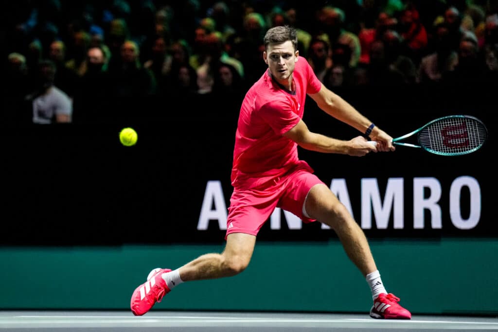 Hubert Hurkacz of Poland plays a backhand during an indoor game of tennis