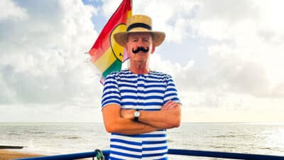 Fatboy Slim dressed for the seaside