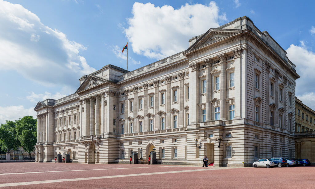 The exterior of Buckingham Palace in London