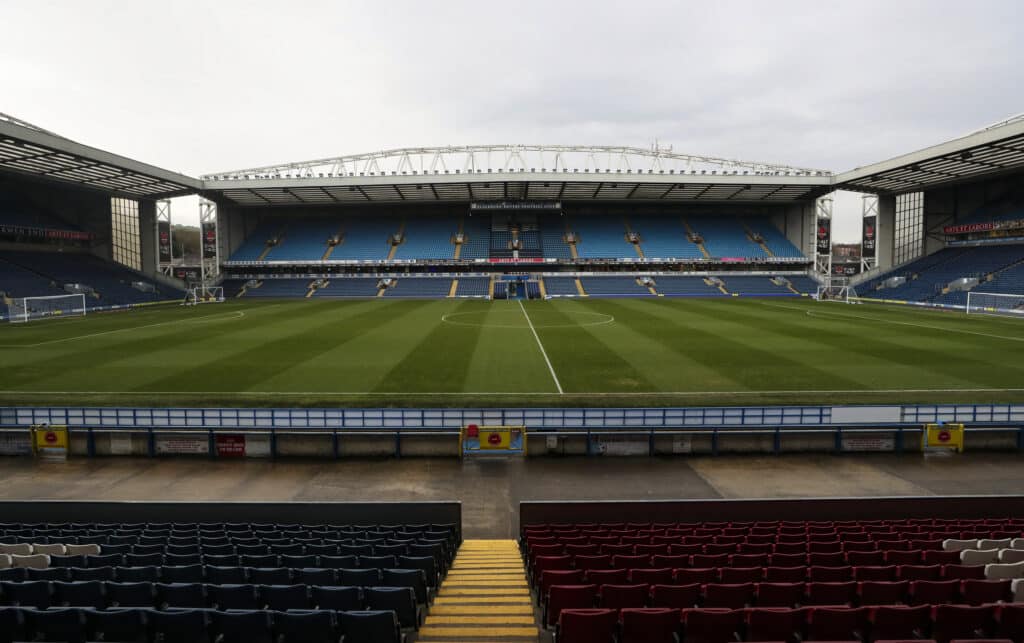 Ewood Park football stadium, with empty stands and pitch