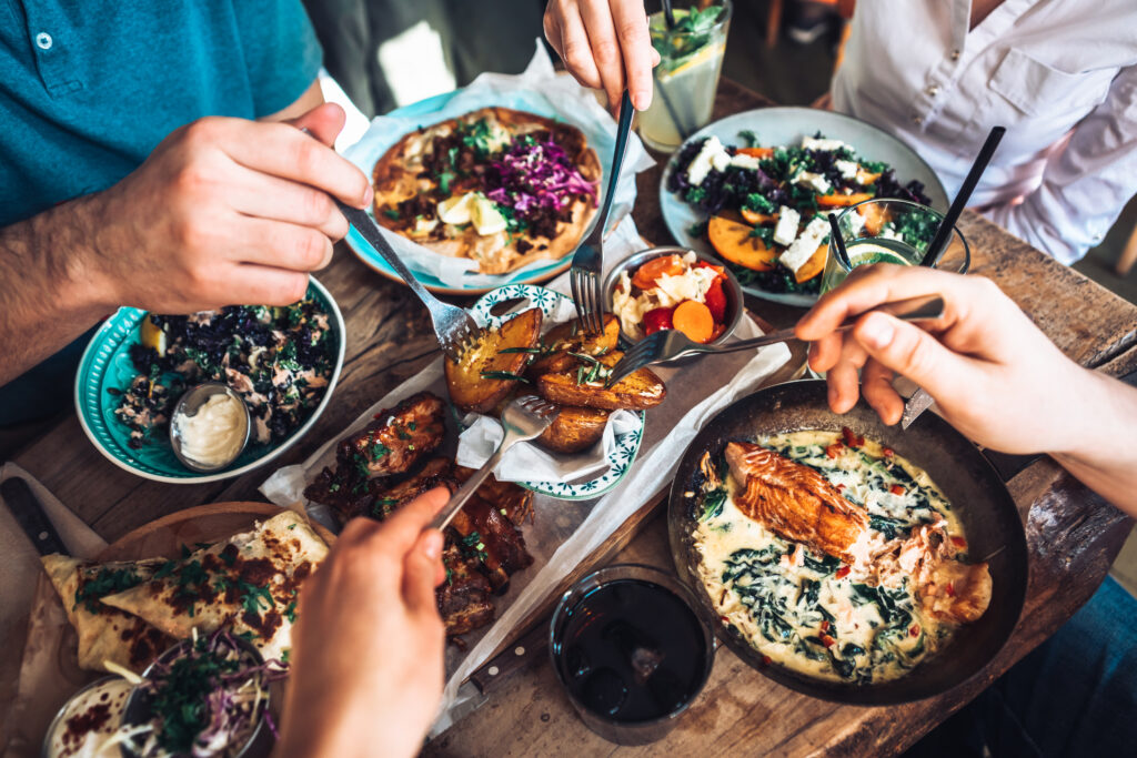 People sharing a healthy lunch in a Scottish restaurant