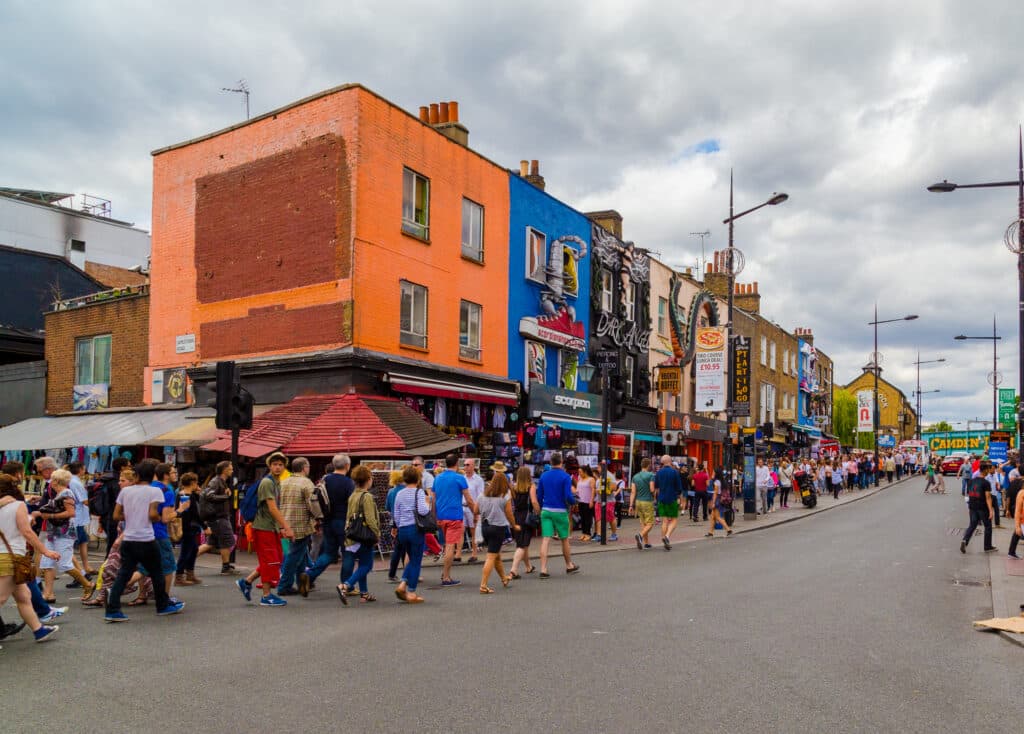 Large amounts of people along Camden High Street during the day on a weekend