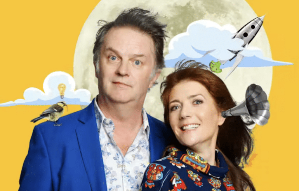 Paul Merton and Suki Webster with various cartoonish icons overlaid