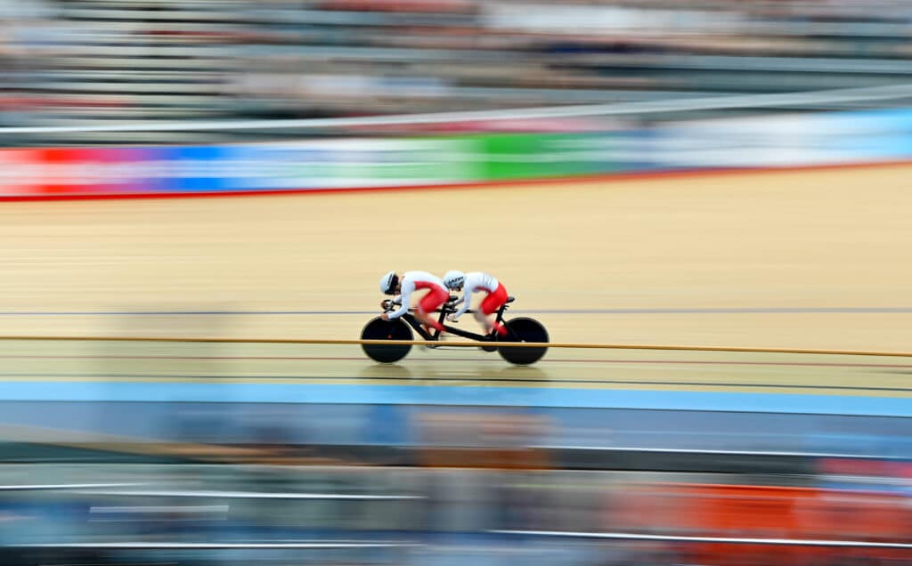Sophie Unwin and Georgia Holt of Team England compete during the Women's Tandem B - Sprint Qualifying on day one of the Birmingham 2022 Commonwealth Games at Lee Valley Velopark Velodrome on July 29, 2022 on the London, England.