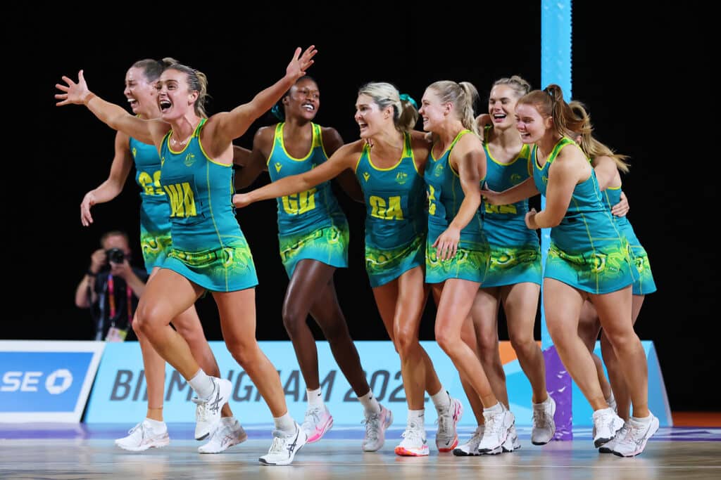 Team Australia celebrate victory during the Netball Gold Medal match between Team Jamaica and Team Australia on day ten of the Birmingham 2022 Commonwealth Games at NEC Arena on August 07, 2022 on the Birmingham, England. 