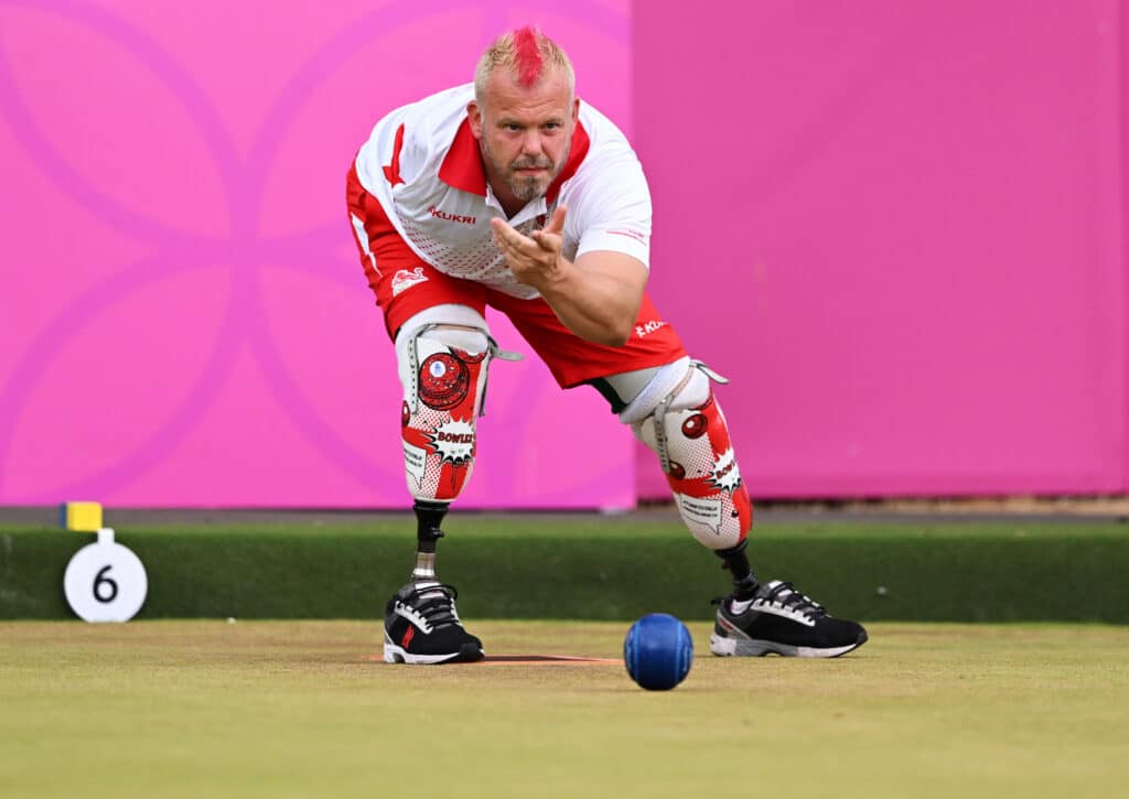 Craig Bowler of Team England competes during their Para Men's Pairs B6-B8 Bronze Medal match between Team New Zealand and Team England on day five of the Birmingham 2022 Commonwealth Games at Victoria Park on August 02, 2022 i Leamington Spa, England