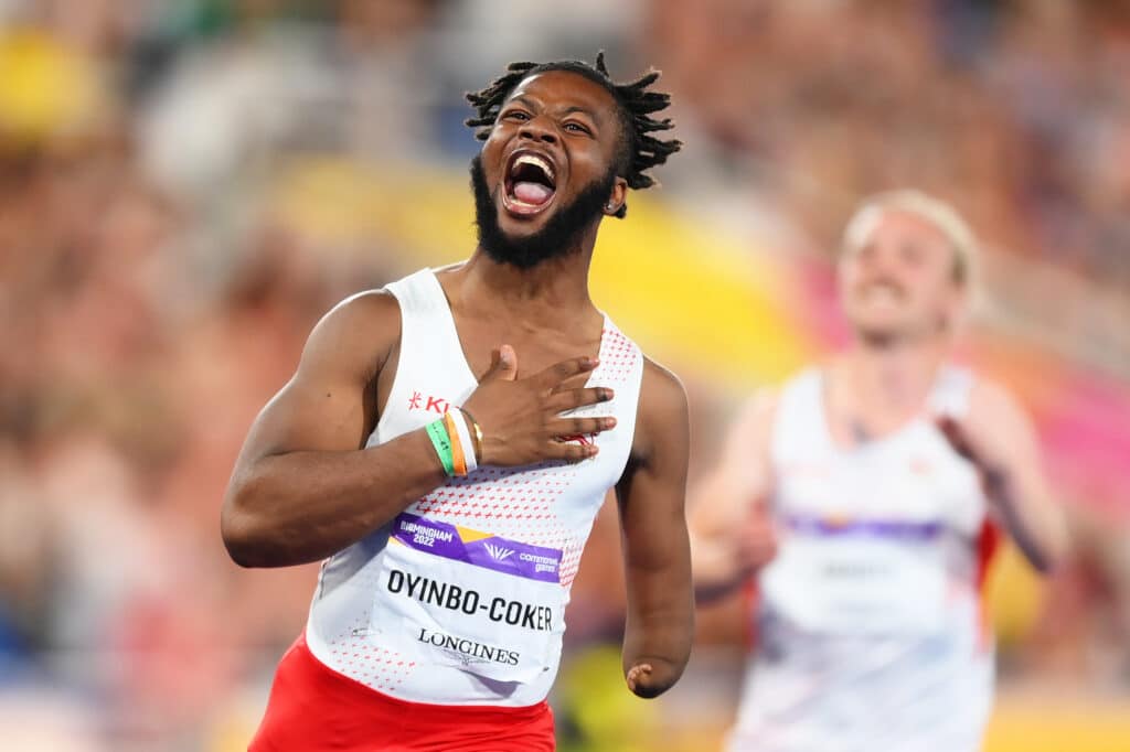 Emmanuel Temitayo Oyinbo-Coker of Team England celebrates winning the Gold medal in  the Men's T45-47 100m Final on day five of the Birmingham 2022 Commonwealth Games at Alexander Stadium on August 02, 2022 in the Birmingham, England. 
