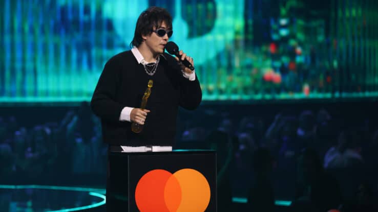 Max Bassin of Geese accepts award for International Group of the Year at 2026 Brit Awards